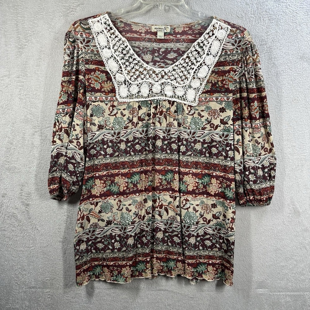 One World Blouse Womens Size XL Floral Crochet Mesh Nylon Boho Sheer Top